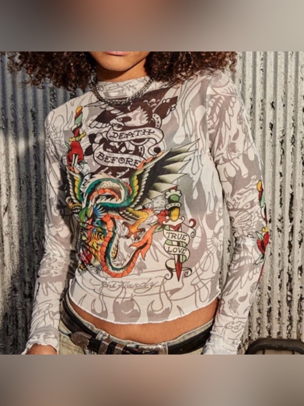 Ed Hardy Y2K Style Tattoo Mesh Long Sleeve Crop Top, Sheer Before Death Design S
